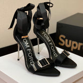 ANKLE SANDAL 10 CM IN BLACK SILK AND SHEEPSKIN